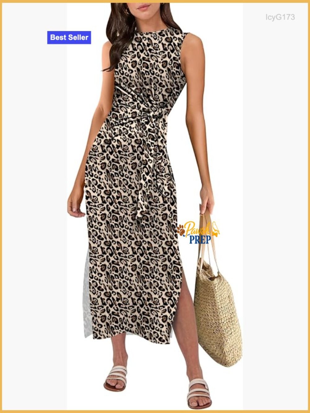 Slim Fit Sleeveless Midi Dress with Tie Waist and Split Design